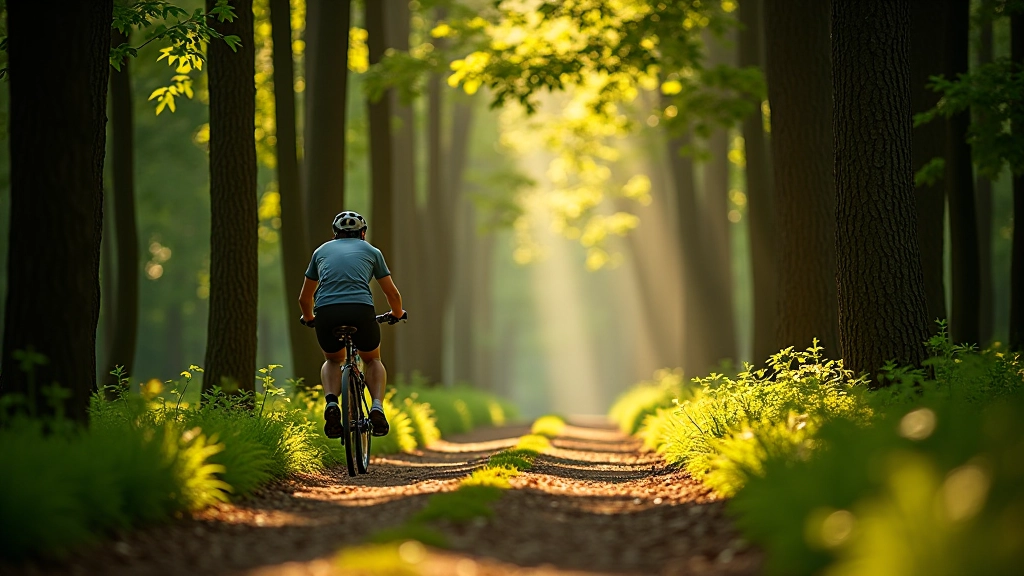 Rowerzysta jedzie na leśnej ścieżce między wysokimi drzewami, pogodny dzień, światło przenika przez liście