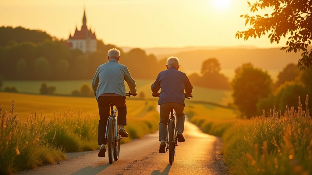 Seniorzy na rowerach jedżdżący po malowniczej ścieżce wśród historycznego krajobrazu