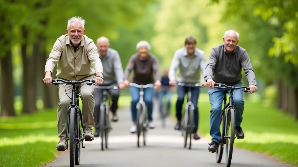Grupa seniorów na rowerach, jazda w parku, słoneczny dzień, rozmowa i śmiech