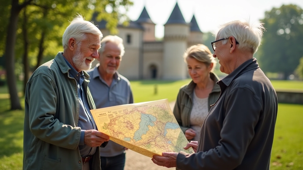 Grupa seniorów studiująca historyczną mapę podczas przerwy w wycieczce rowerowej