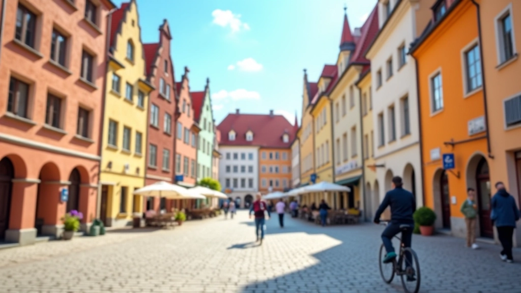 Historyczny rynek z kolorowymi kamienicami, miasto w tle, jasny dzień