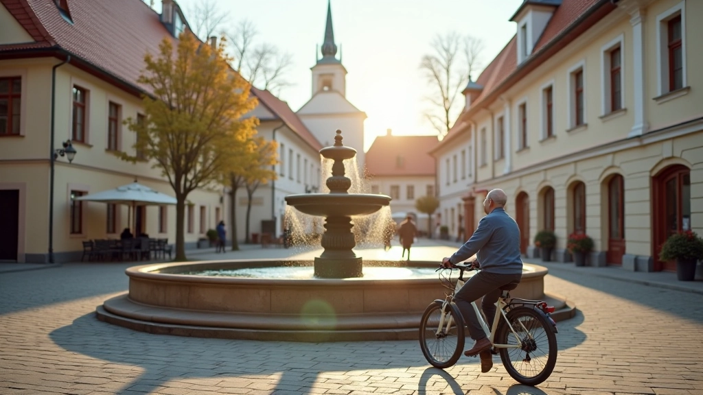Grupa emerytów na rowerach w zabytkowym mieście, przystanęli przy fontannie na rynku