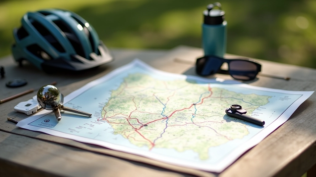 Rozłożona mapa papierowa, kompas, kask rowerowy, okulary przeciwsłoneczne na stole