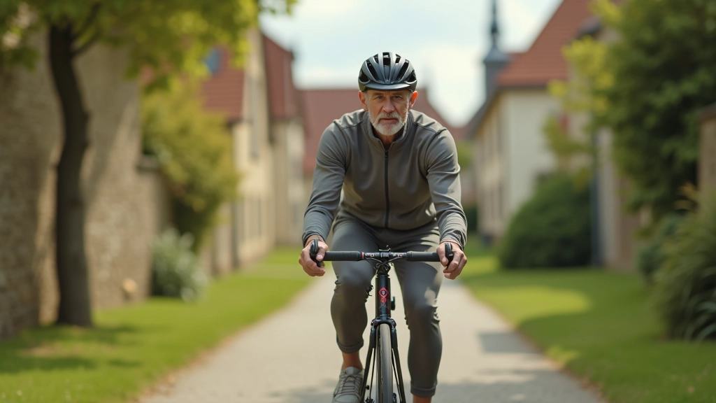 Senior rowerzysta na ścieżce między starymi budynkami, pogodny dzień, rozległy widok