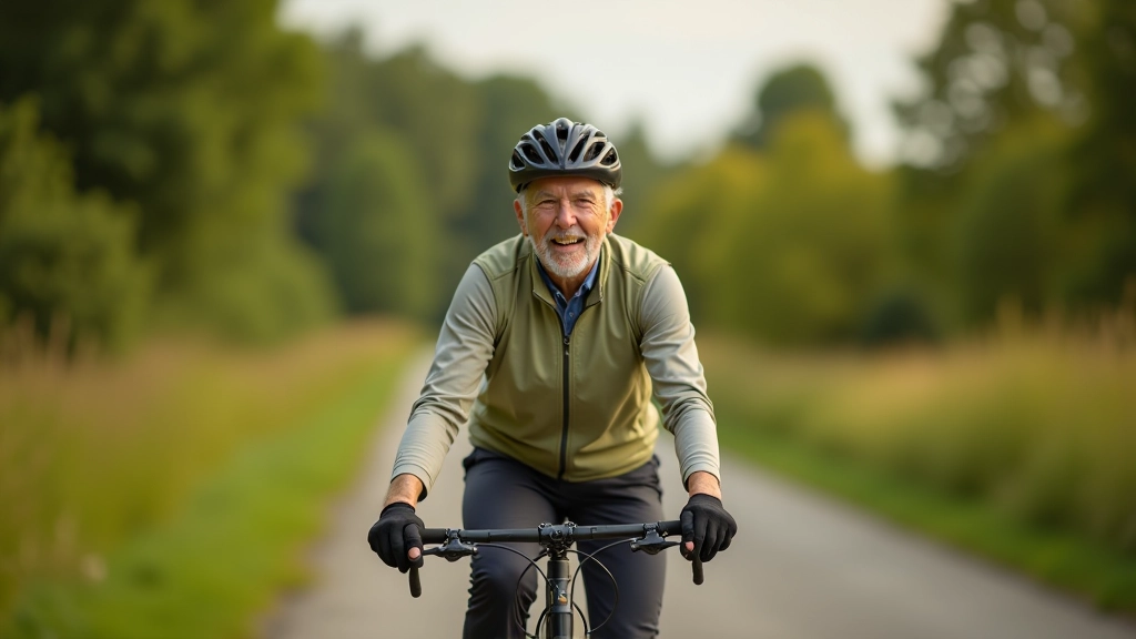 Senior na rowerze trekkingowym, profesjonalny strój, bezpieczna ścieżka, uśmiechnięty