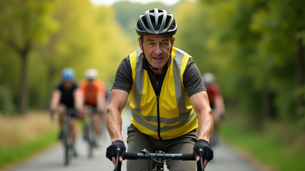 Senior w kasku rowerowym, odblaski na kamizelce, jazda w grupie, bezpieczna ścieżka rowerowa