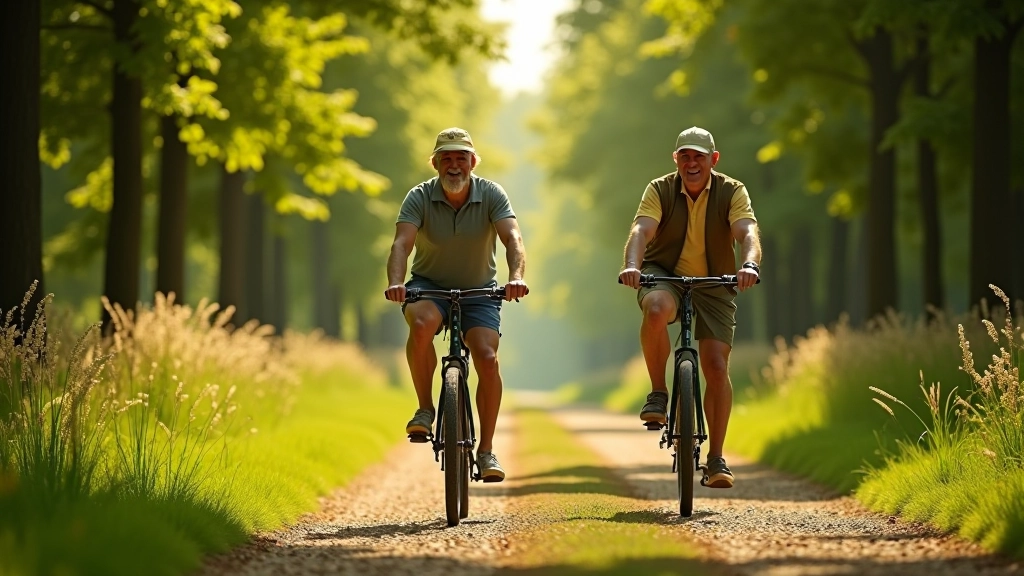 Seniorzy na rowerach na leśnej ścieżce, słoneczny dzień, spokojny krajobraz